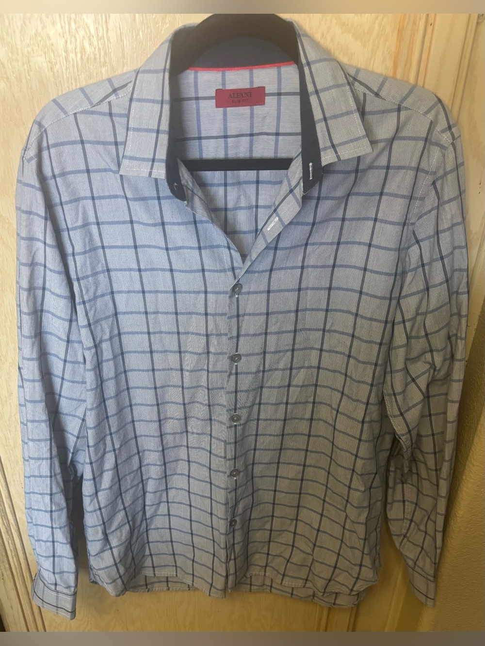 Alfani Men’s Slim Fit Stretch Dress Shirt Sz Medium‎ Blue Plaid Button Up
